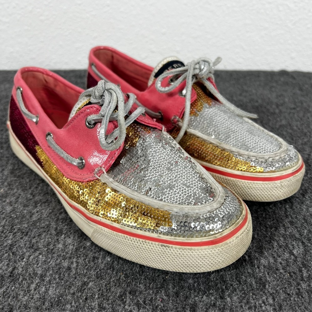 Sperry Boat Shoes Women 7.5 Pink Gold Silver Sequin Metallic Preppy Glam Loafers